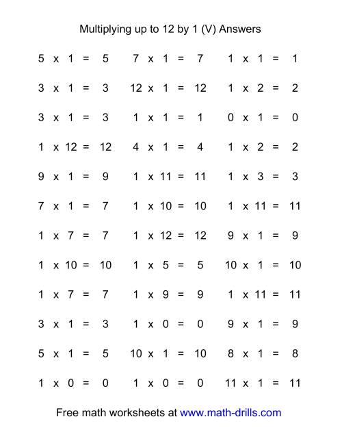 The 36 Horizontal Multiplication Facts Questions -- 1 by 0-12 (V) Math Worksheet Page 2