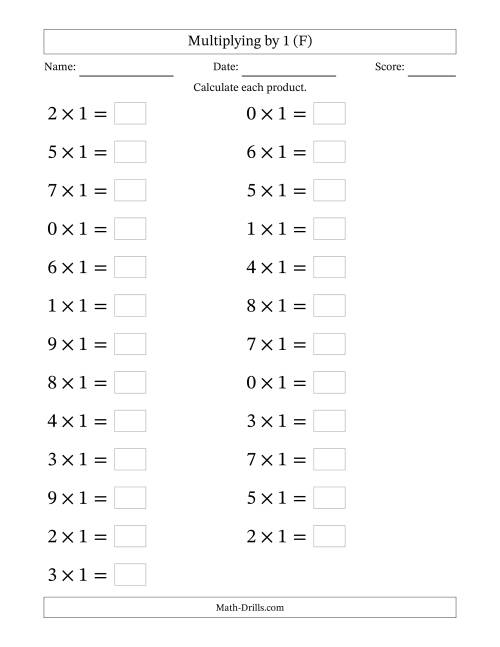 The Horizontally Arranged Multiplying (0 to 9) by 1 (25 Questions; Large Print) (F) Math Worksheet