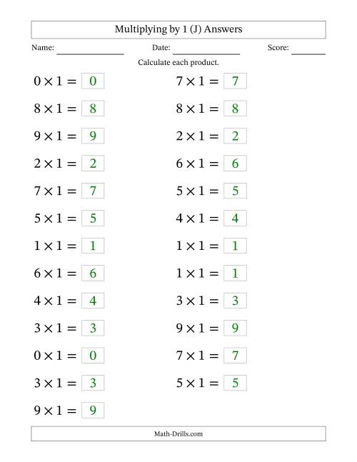 The Horizontally Arranged Multiplying (0 to 9) by 1 (25 Questions; Large Print) (J) Math Worksheet Page 2