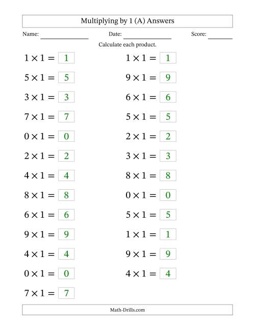 36 Horizontal Multiplication Facts Questions -- 1 by 0-9 (All)