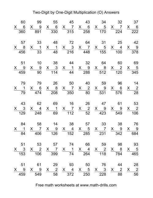 The Multiplying Two-Digit by One-Digit -- 64 per page (O) Math Worksheet Page 2
