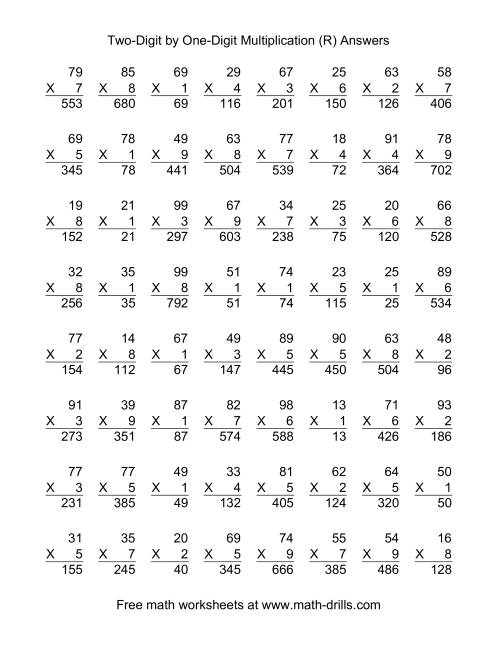 The Multiplying Two-Digit by One-Digit -- 64 per page (R) Math Worksheet Page 2