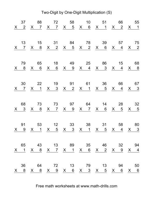 The Multiplying Two-Digit by One-Digit -- 64 per page (S) Math Worksheet