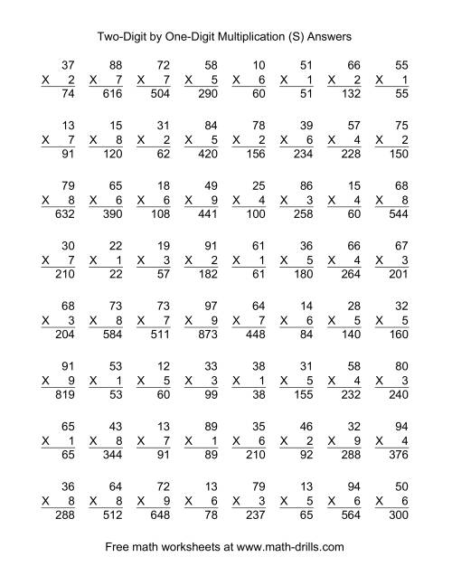 The Multiplying Two-Digit by One-Digit -- 64 per page (S) Math Worksheet Page 2