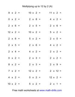 36 Horizontal Multiplication Facts Questions -- 2 by 0-12