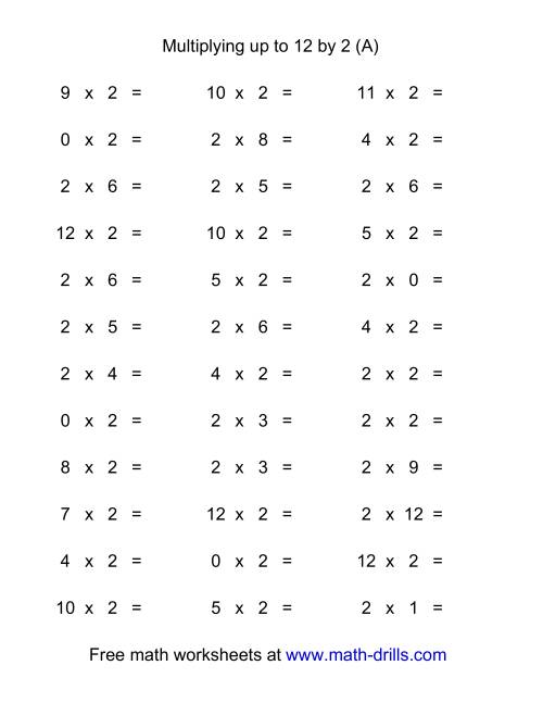 The 36 Horizontal Multiplication Facts Questions -- 2 by 0-12 (A) Math Worksheet
