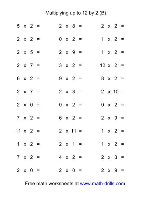 The 36 Horizontal Multiplication Facts Questions -- 2 by 0-12 (B) Math Worksheet