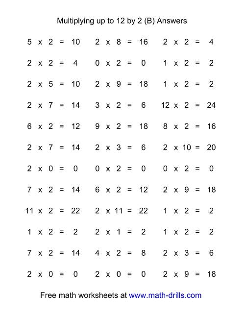 The 36 Horizontal Multiplication Facts Questions -- 2 by 0-12 (B) Math Worksheet Page 2