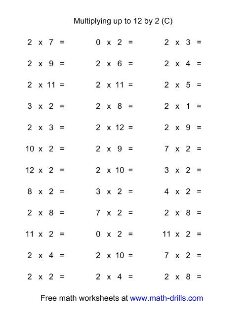 The 36 Horizontal Multiplication Facts Questions -- 2 by 0-12 (C) Math Worksheet