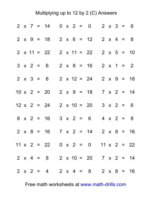 The 36 Horizontal Multiplication Facts Questions -- 2 by 0-12 (C) Math Worksheet Page 2
