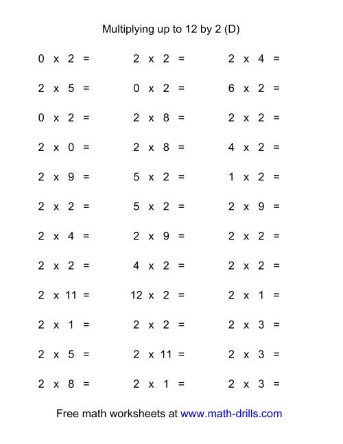 The 36 Horizontal Multiplication Facts Questions -- 2 by 0-12 (D) Math Worksheet
