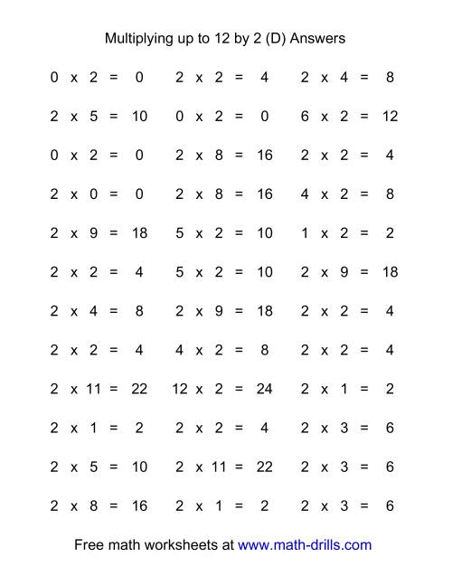 The 36 Horizontal Multiplication Facts Questions -- 2 by 0-12 (D) Math Worksheet Page 2