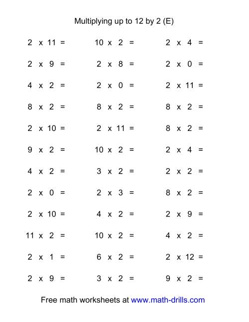 The 36 Horizontal Multiplication Facts Questions -- 2 by 0-12 (E) Math Worksheet