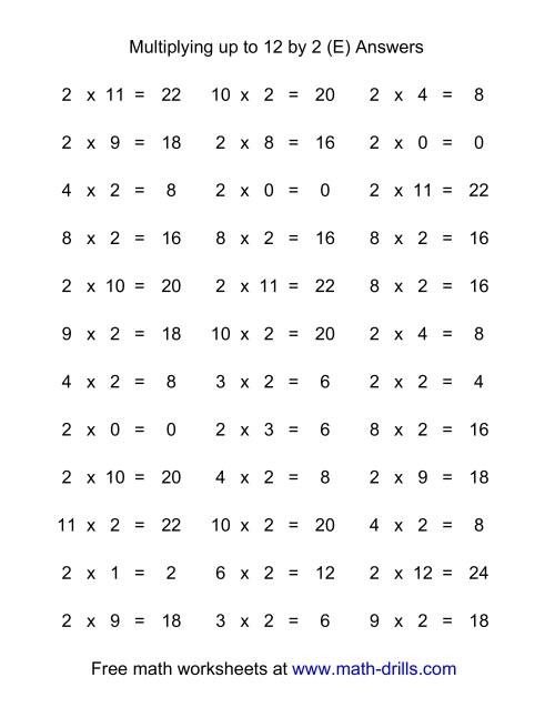 The 36 Horizontal Multiplication Facts Questions -- 2 by 0-12 (E) Math Worksheet Page 2