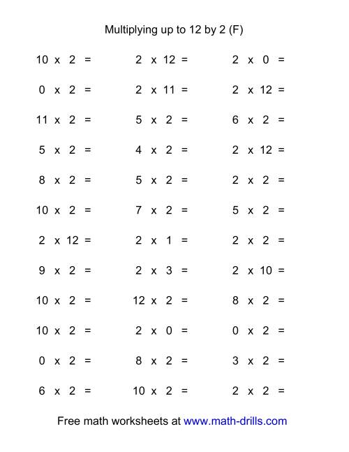 The 36 Horizontal Multiplication Facts Questions -- 2 by 0-12 (F) Math Worksheet
