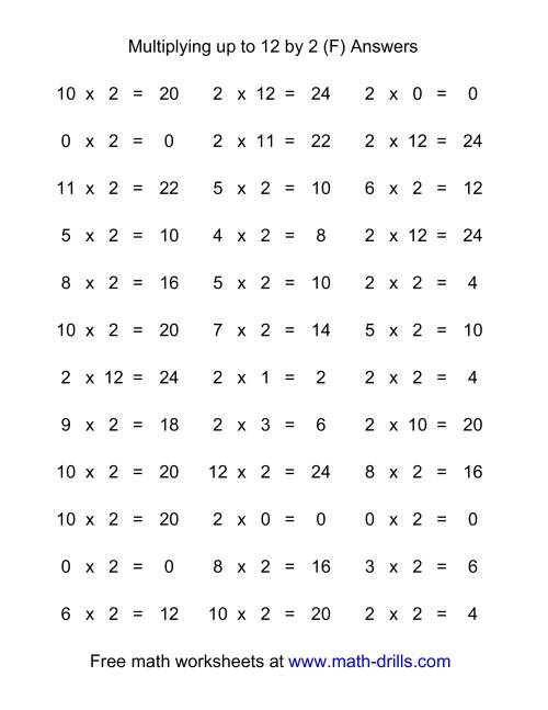 The 36 Horizontal Multiplication Facts Questions -- 2 by 0-12 (F) Math Worksheet Page 2