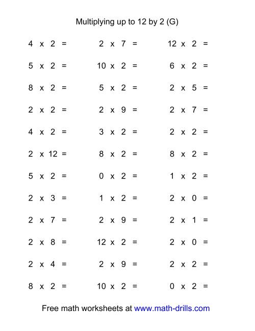The 36 Horizontal Multiplication Facts Questions -- 2 by 0-12 (G) Math Worksheet