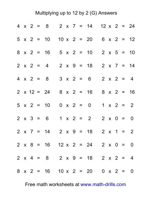 The 36 Horizontal Multiplication Facts Questions -- 2 by 0-12 (G) Math Worksheet Page 2