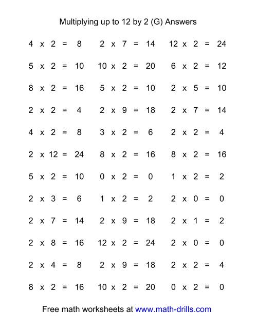 36 horizontal multiplication facts questions 2 by 0 12 g