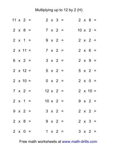 The 36 Horizontal Multiplication Facts Questions -- 2 by 0-12 (H) Math Worksheet
