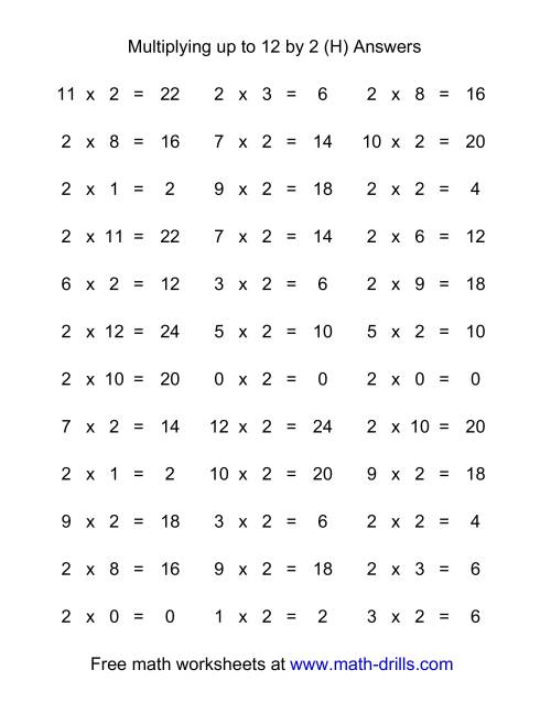 The 36 Horizontal Multiplication Facts Questions -- 2 by 0-12 (H) Math Worksheet Page 2