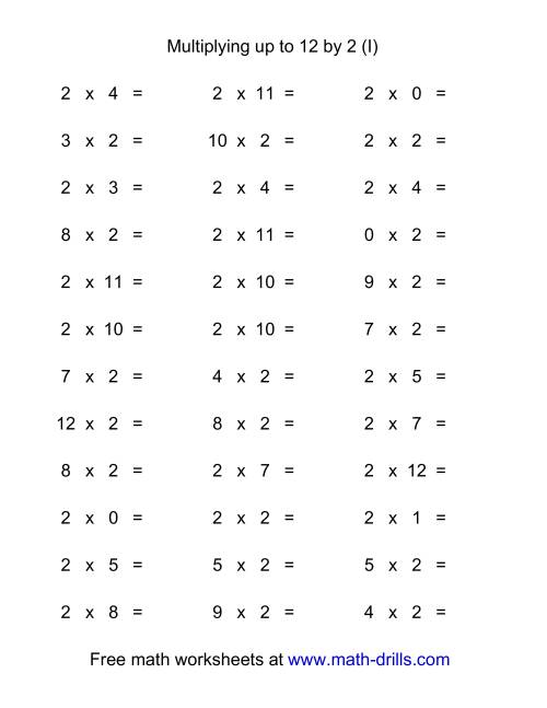 The 36 Horizontal Multiplication Facts Questions -- 2 by 0-12 (I) Math Worksheet