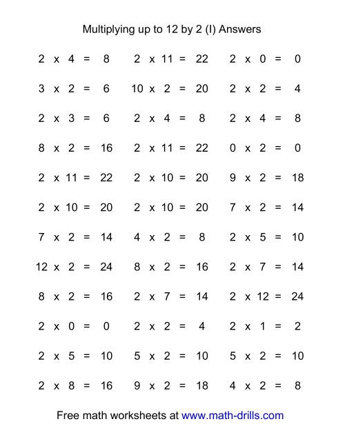 The 36 Horizontal Multiplication Facts Questions -- 2 by 0-12 (I) Math Worksheet Page 2