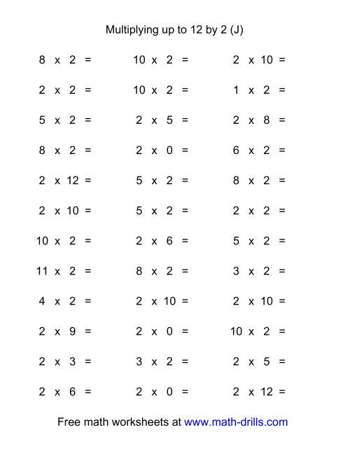 The 36 Horizontal Multiplication Facts Questions -- 2 by 0-12 (J) Math Worksheet