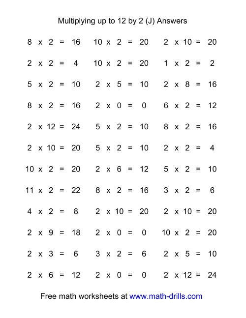 The 36 Horizontal Multiplication Facts Questions -- 2 by 0-12 (J) Math Worksheet Page 2