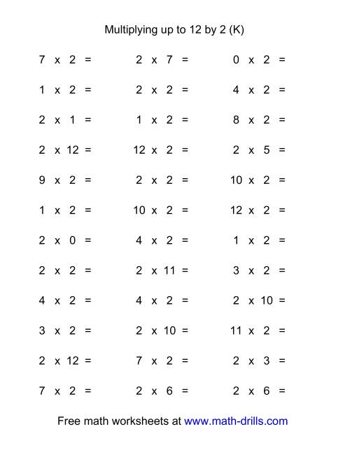 The 36 Horizontal Multiplication Facts Questions -- 2 by 0-12 (K) Math Worksheet
