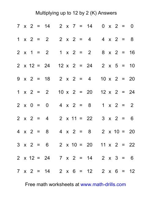 The 36 Horizontal Multiplication Facts Questions -- 2 by 0-12 (K) Math Worksheet Page 2