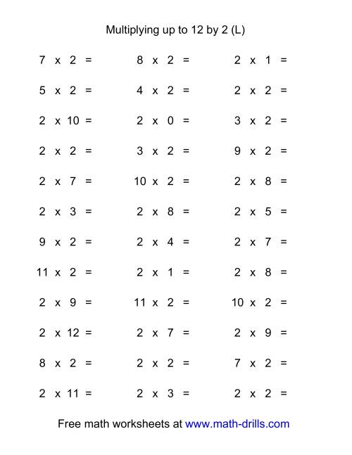 The 36 Horizontal Multiplication Facts Questions -- 2 by 0-12 (L) Math Worksheet