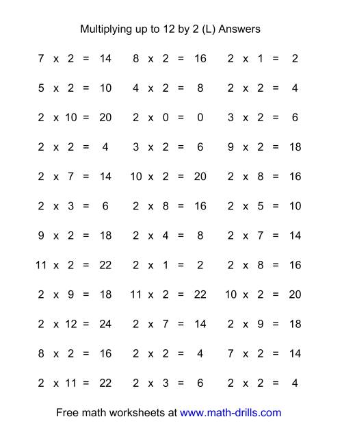 The 36 Horizontal Multiplication Facts Questions -- 2 by 0-12 (L) Math Worksheet Page 2