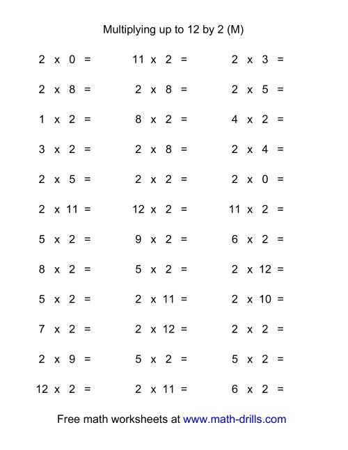 The 36 Horizontal Multiplication Facts Questions -- 2 by 0-12 (M) Math Worksheet