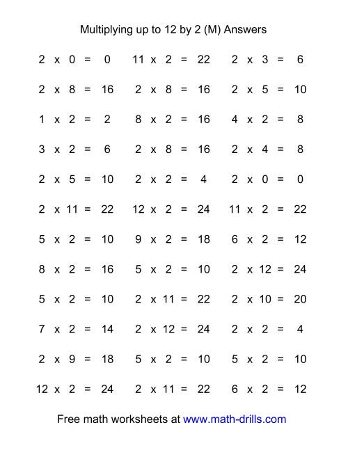 The 36 Horizontal Multiplication Facts Questions -- 2 by 0-12 (M) Math Worksheet Page 2