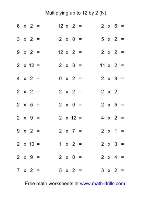The 36 Horizontal Multiplication Facts Questions -- 2 by 0-12 (N) Math Worksheet