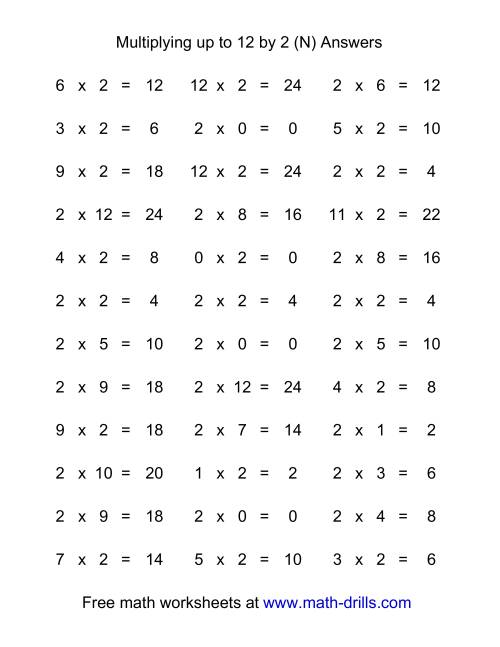 The 36 Horizontal Multiplication Facts Questions -- 2 by 0-12 (N) Math Worksheet Page 2