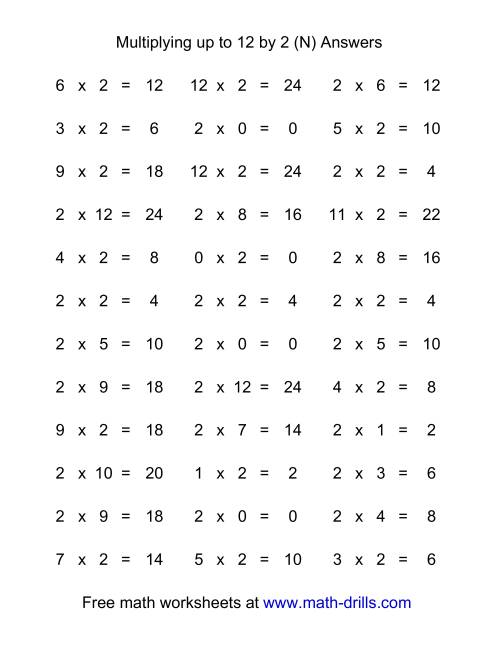 36 horizontal multiplication facts questions 2 by 0 12 n