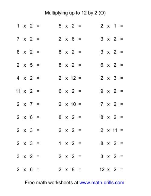 The 36 Horizontal Multiplication Facts Questions -- 2 by 0-12 (O) Math Worksheet