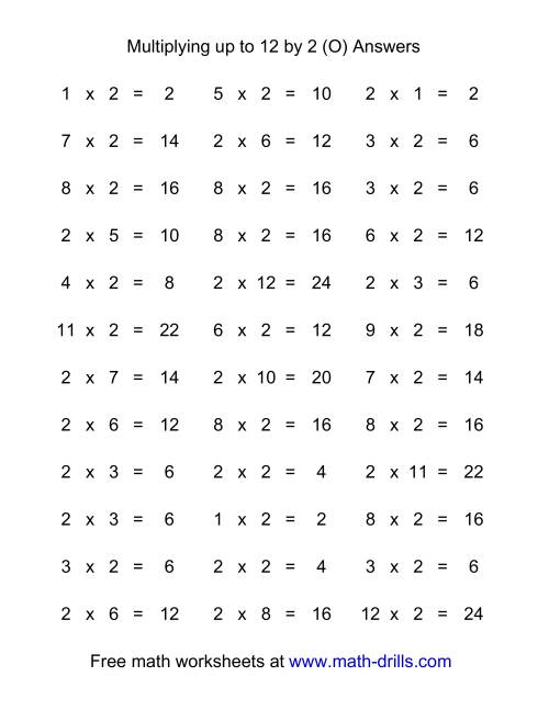 The 36 Horizontal Multiplication Facts Questions -- 2 by 0-12 (O) Math Worksheet Page 2