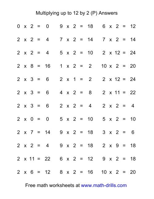 The 36 Horizontal Multiplication Facts Questions -- 2 by 0-12 (P) Math Worksheet Page 2