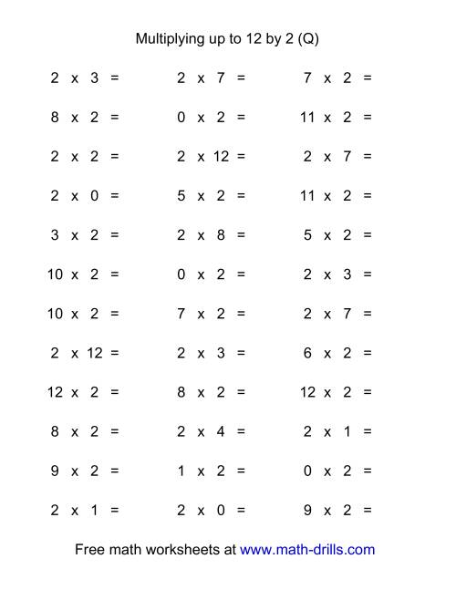 The 36 Horizontal Multiplication Facts Questions -- 2 by 0-12 (Q) Math Worksheet