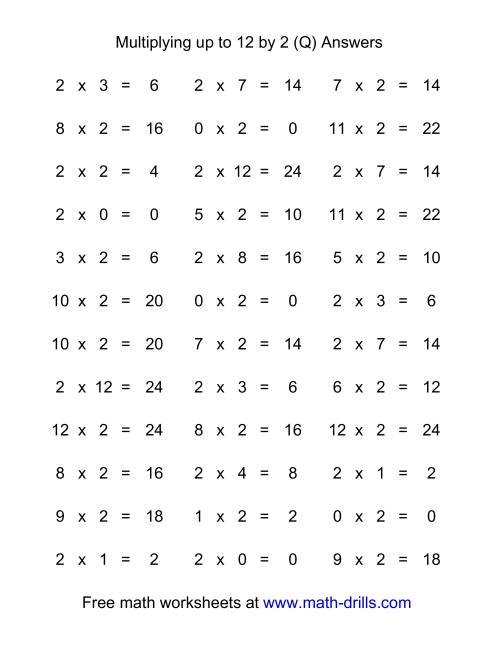 The 36 Horizontal Multiplication Facts Questions -- 2 by 0-12 (Q) Math Worksheet Page 2