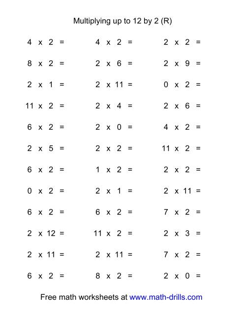 The 36 Horizontal Multiplication Facts Questions -- 2 by 0-12 (R) Math Worksheet