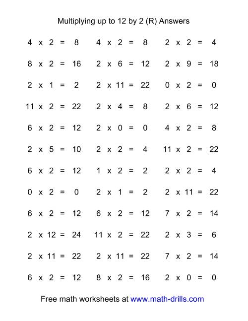 The 36 Horizontal Multiplication Facts Questions -- 2 by 0-12 (R) Math Worksheet Page 2