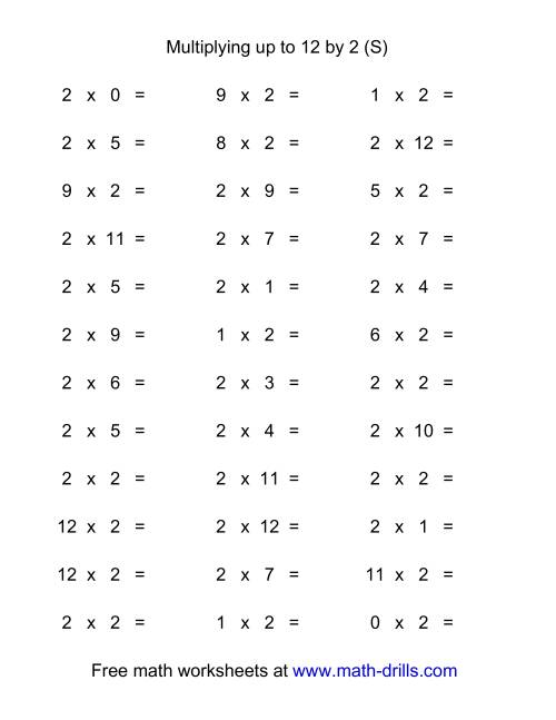The 36 Horizontal Multiplication Facts Questions -- 2 by 0-12 (S) Math Worksheet