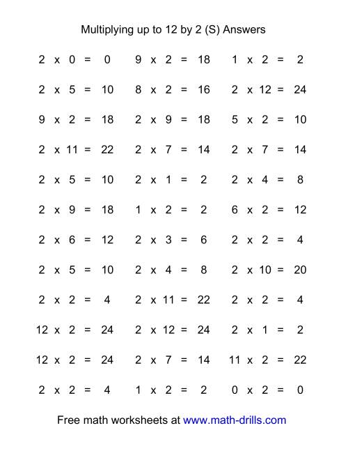The 36 Horizontal Multiplication Facts Questions -- 2 by 0-12 (S) Math Worksheet Page 2