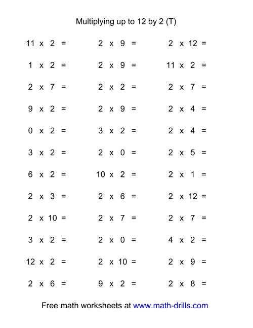The 36 Horizontal Multiplication Facts Questions -- 2 by 0-12 (T) Math Worksheet