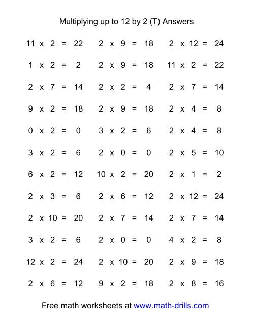 The 36 Horizontal Multiplication Facts Questions -- 2 by 0-12 (T) Math Worksheet Page 2