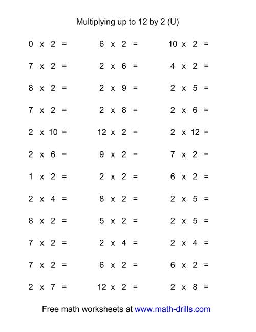The 36 Horizontal Multiplication Facts Questions -- 2 by 0-12 (U) Math Worksheet